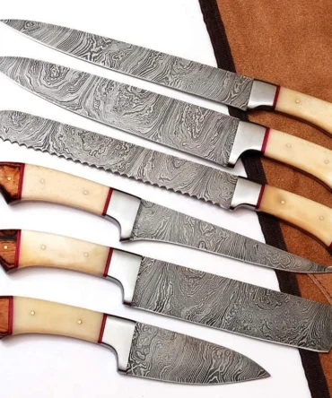 Custom made Damascus steel kitchen/chef's knife set with leather roll bag (1061)