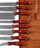 Premium Damascus Chef Knife Set – Red Padauk & Rosewood Handle with Leather Roll Bag