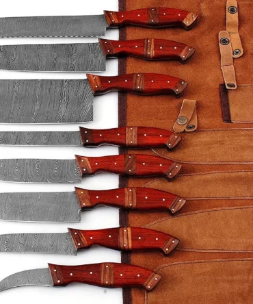 Premium Damascus Chef Knife Set – Red Padauk & Rosewood Handle with Leather Roll Bag