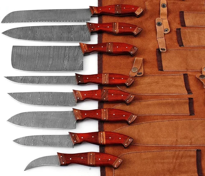 Premium Damascus Chef Knife Set – Red Padauk & Rosewood Handle with Leather Roll Bag