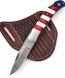 Damascus Steel Folding Knife with USA Flag Handle & Leather Sheath