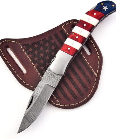 Damascus Steel Folding Knife with USA Flag Handle & Leather Sheath