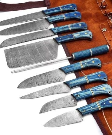 Premium Damascus Steel Chef Knife Set – 09 Pcs Professional Kitchen Knives with Blue Wood Handle & Leather Roll Bag | Butcher & Cooking Knife Set