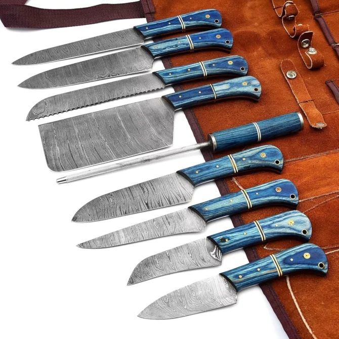 Premium Damascus Steel Chef Knife Set – 09 Pcs Professional Kitchen Knives with Blue Wood Handle & Leather Roll Bag | Butcher & Cooking Knife Set