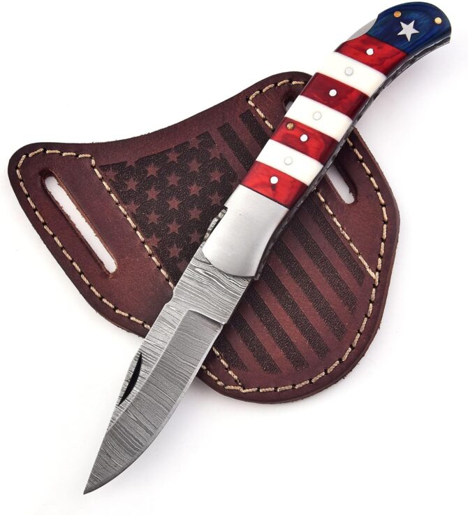 Damascus Steel Folding Knife with USA Flag Handle & Leather Sheath