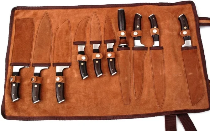 Damascus Chef Knife Set – Premium Wenge Wood Handle with Leather Roll Bag