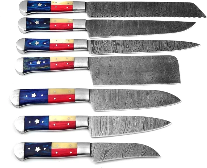 Handmade Damascus Steel Chef Knife Set – 7 Piece Professional Kitchen Knives Set with Leather Roll Bag