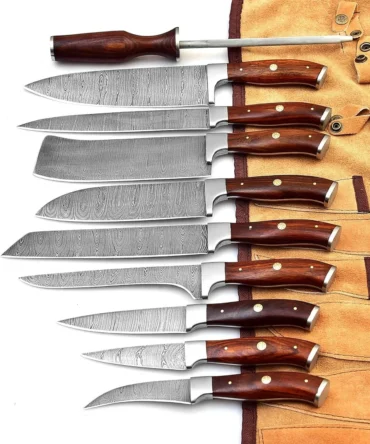 Damascus Chef Knife Set – Rosewood Handle with Leather Roll Bag