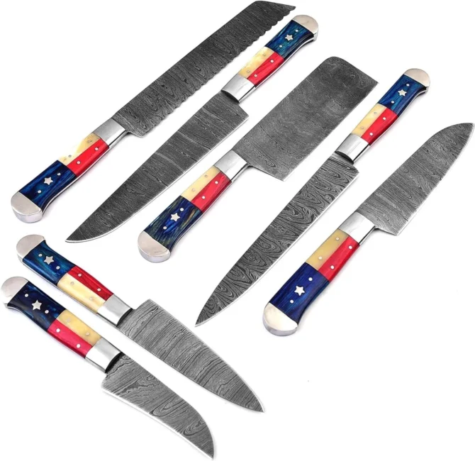 Handmade Damascus Steel Chef Knife Set – 7 Piece Professional Kitchen Knives Set with Leather Roll Bag