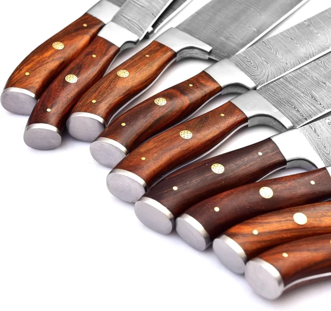 Damascus Chef Knife Set – Rosewood Handle with Leather Roll Bag