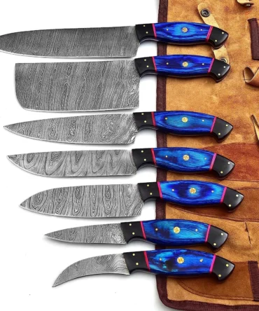 Custom made damascus steel kitchen/chef's knife set with leather roll bag