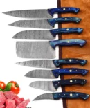 Handmade Damascus Steel Chef Knife Set with Roll Bag – 8 Piece Professional Kitchen Knives with Blue Wood Handles (2910-Blue)