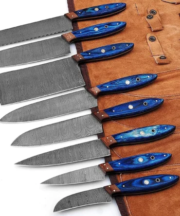 Handmade Damascus Steel Kitchen Knives Set/Chef Knife Set with Leather Roll Bag. (Blue)