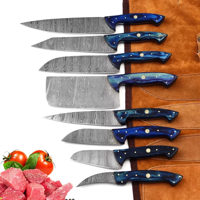 Handmade Damascus Steel Chef Knife Set with Roll Bag – 8 Piece Professional Kitchen Knives with Blue Wood Handles (2910-Blue)