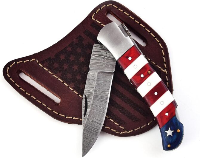 Damascus Steel Folding Knife with USA Flag Handle & Leather Sheath
