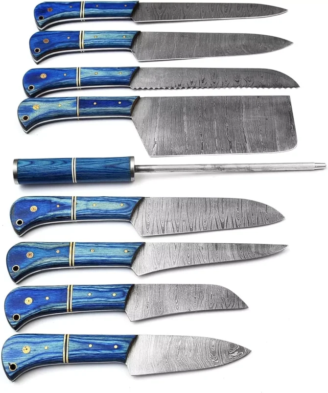 Premium Damascus Steel Chef Knife Set – 09 Pcs Professional Kitchen Knives with Blue Wood Handle & Leather Roll Bag | Butcher & Cooking Knife Set