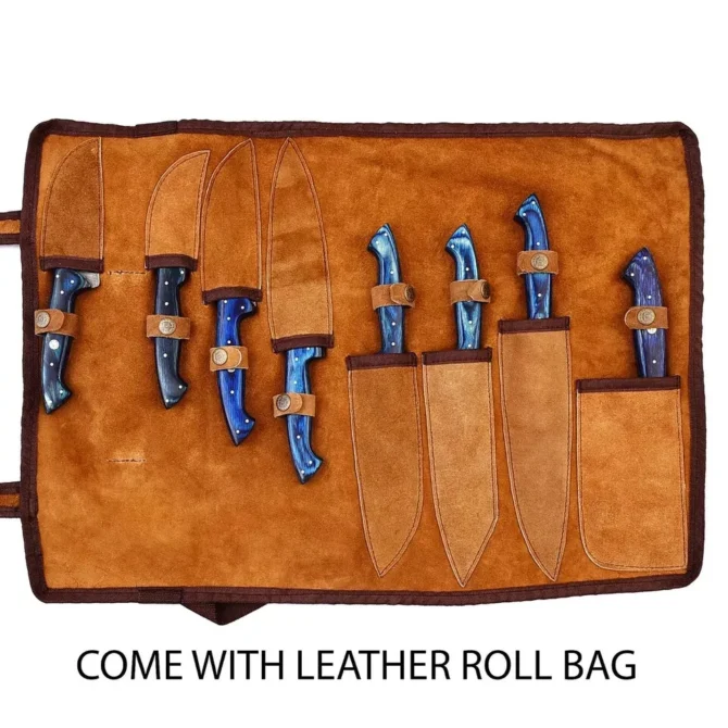 Handmade Damascus Steel Chef Knife Set with Roll Bag – 8 Piece Professional Kitchen Knives with Blue Wood Handles (2910-Blue)
