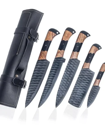Premium 5-Piece D2 Steel Chef Knife Set with Leather Roll Bag