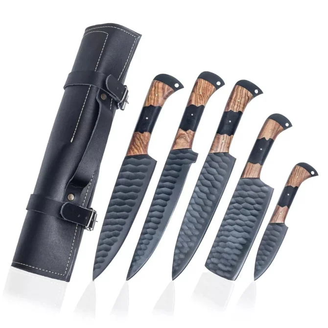 Premium 5-Piece D2 Steel Chef Knife Set with Leather Roll Bag