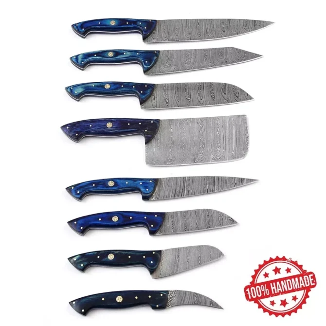 Handmade Damascus Steel Chef Knife Set with Roll Bag – 8 Piece Professional Kitchen Knives with Blue Wood Handles (2910-Blue)