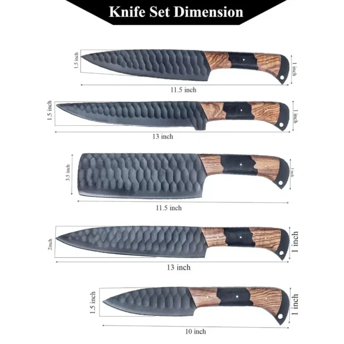 Premium 5-Piece D2 Steel Chef Knife Set with Leather Roll Bag