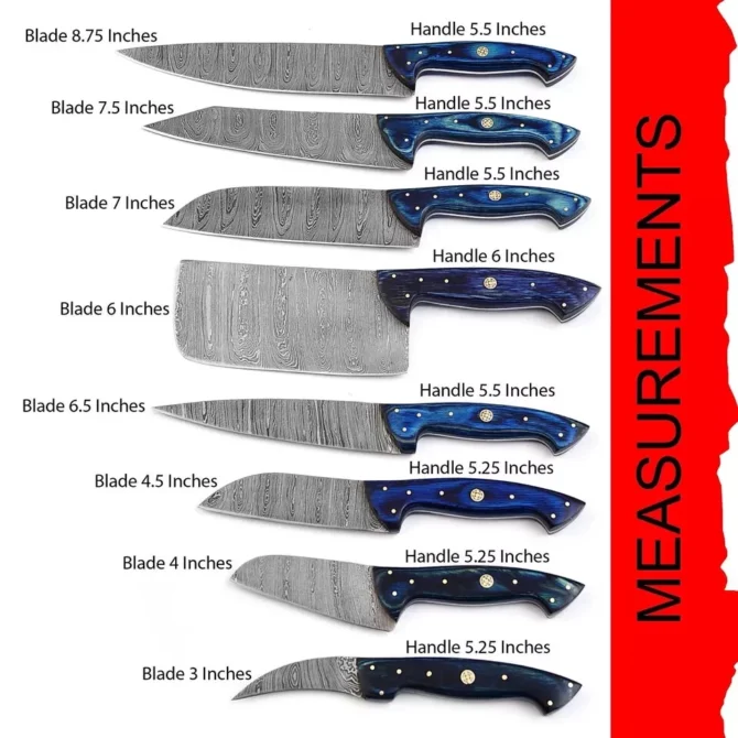 Handmade Damascus Steel Chef Knife Set with Roll Bag – 8 Piece Professional Kitchen Knives with Blue Wood Handles (2910-Blue)