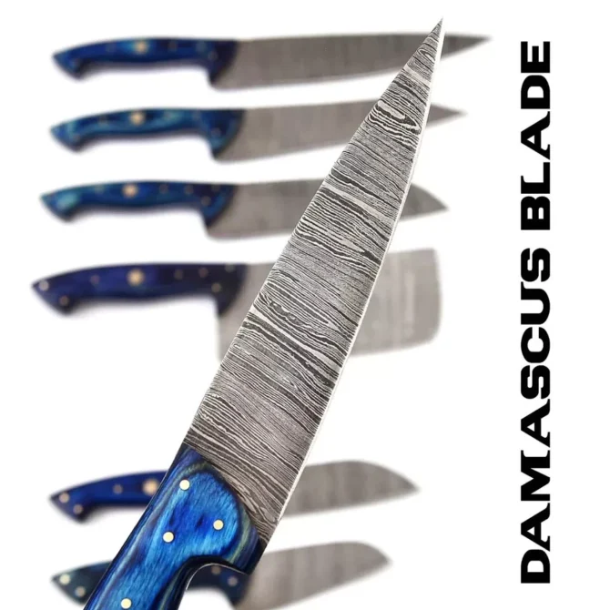Handmade Damascus Steel Chef Knife Set with Roll Bag – 8 Piece Professional Kitchen Knives with Blue Wood Handles (2910-Blue)