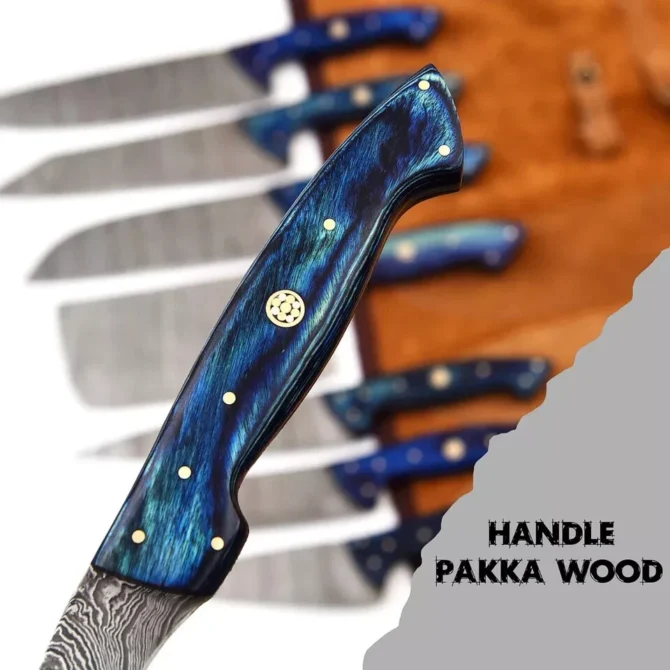 Handmade Damascus Steel Chef Knife Set with Roll Bag – 8 Piece Professional Kitchen Knives with Blue Wood Handles (2910-Blue)