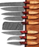 Handmade Damascus Steel Chef Knife Set with Leather Roll Bag. (Olive)