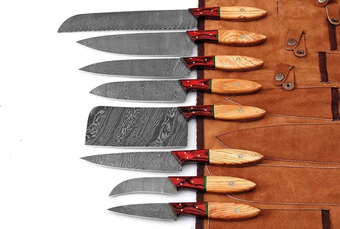 Handmade Damascus Steel Chef Knife Set with Leather Roll Bag. (Olive)