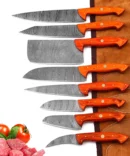 Handmade Damascus Steel Chef Knife Set with Roll Bag – 8 Piece Professional Kitchen Knives with Orange Wood Handles (2910-Orange)