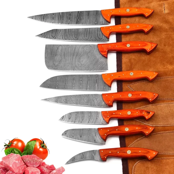 Handmade Damascus Steel Chef Knife Set with Roll Bag – 8 Piece Professional Kitchen Knives with Orange Wood Handles (2910-Orange)