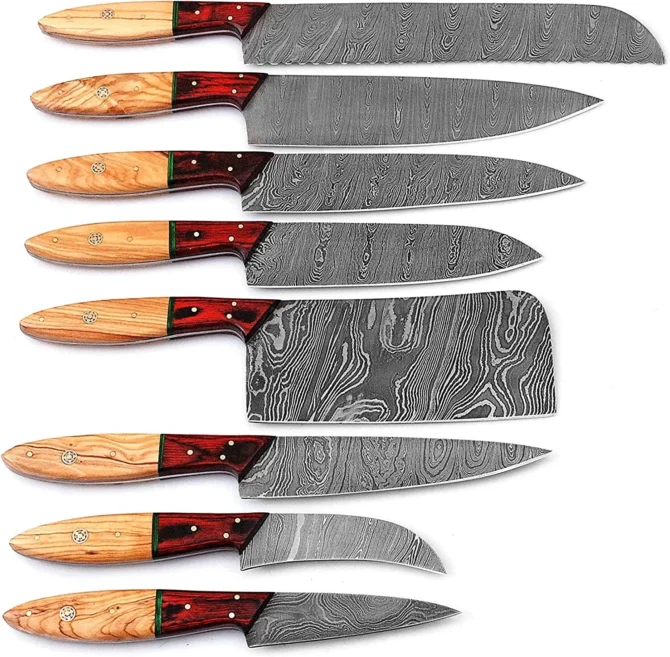 Handmade Damascus Steel Chef Knife Set with Leather Roll Bag. (Olive)
