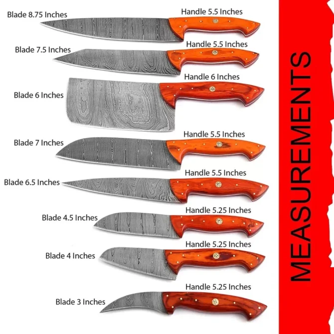 Handmade Damascus Steel Chef Knife Set with Roll Bag – 8 Piece Professional Kitchen Knives with Orange Wood Handles (2910-Orange)