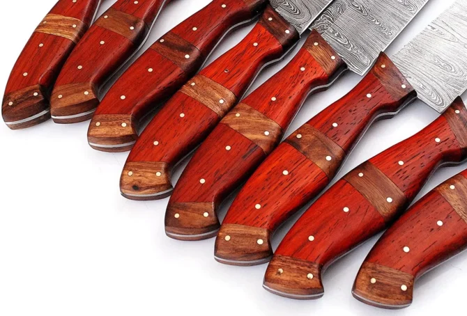 Premium Damascus Chef Knife Set – Red Padauk & Rosewood Handle with Leather Roll Bag