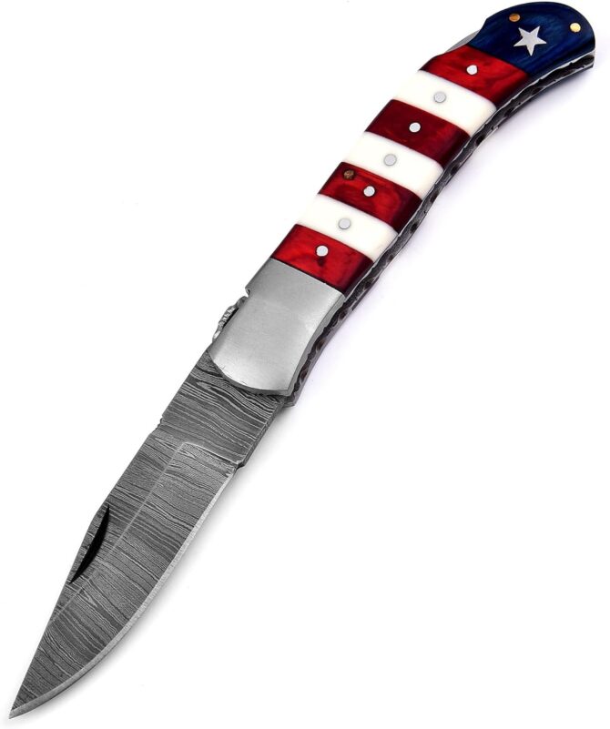 Damascus Steel Folding Knife with USA Flag Handle & Leather Sheath