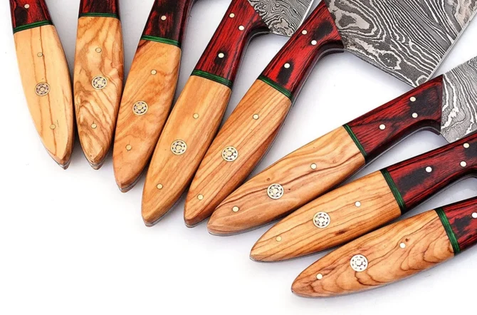 Handmade Damascus Steel Chef Knife Set with Leather Roll Bag. (Olive)