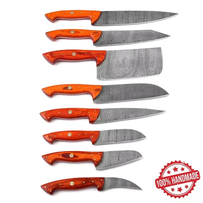 Handmade Damascus Steel Chef Knife Set with Roll Bag – 8 Piece Professional Kitchen Knives with Orange Wood Handles (2910-Orange)
