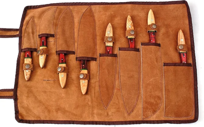 Handmade Damascus Steel Chef Knife Set with Leather Roll Bag. (Olive)