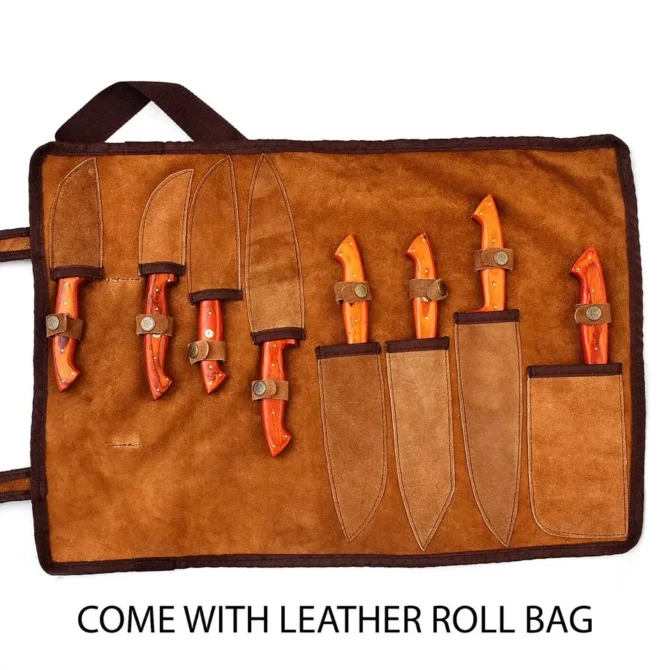 Handmade Damascus Steel Chef Knife Set with Roll Bag – 8 Piece Professional Kitchen Knives with Orange Wood Handles (2910-Orange)