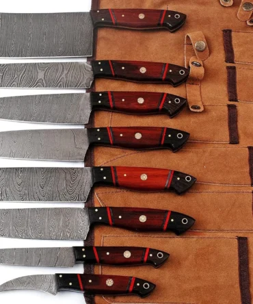 Handmade Damascus Steel Chef Knife Set of 8 Pieces with Leather Roll Bag