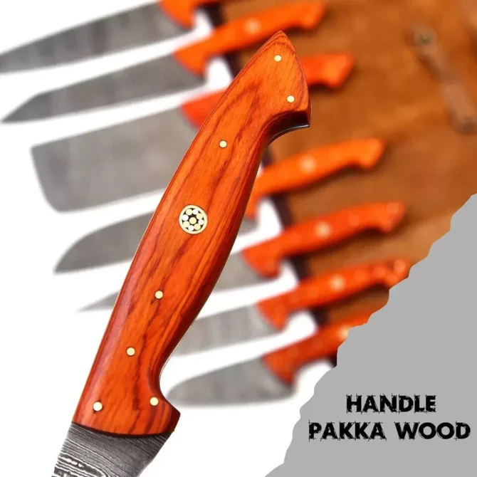 Handmade Damascus Steel Chef Knife Set with Roll Bag – 8 Piece Professional Kitchen Knives with Orange Wood Handles (2910-Orange)