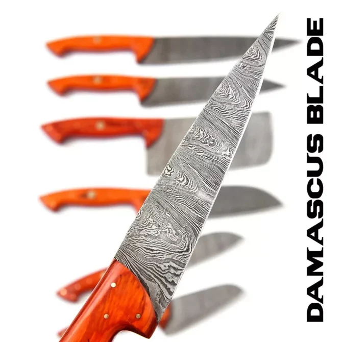 Handmade Damascus Steel Chef Knife Set with Roll Bag – 8 Piece Professional Kitchen Knives with Orange Wood Handles (2910-Orange)