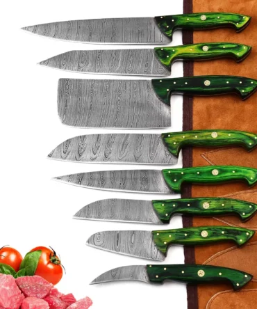 Handmade Damascus Steel Chef Knife Set with Roll Bag – 8 Piece Professional Kitchen Knives with Pink Paukka Wood Handles