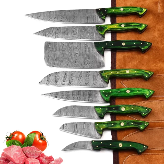 Handmade Damascus Steel Chef Knife Set with Roll Bag – 8 Piece Professional Kitchen Knives with Pink Paukka Wood Handles
