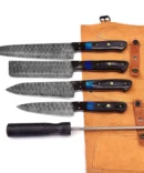 5-Piece Handmade Damascus Steel Chef Knife Set with Leather Roll Bag