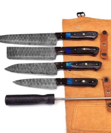 5-Piece Handmade Damascus Steel Chef Knife Set with Leather Roll Bag