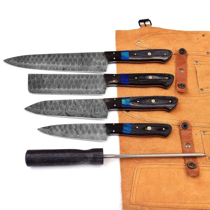 5-Piece Handmade Damascus Steel Chef Knife Set with Leather Roll Bag