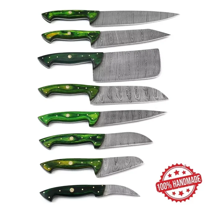 Handmade Damascus Steel Chef Knife Set with Roll Bag – 8 Piece Professional Kitchen Knives with Pink Paukka Wood Handles
