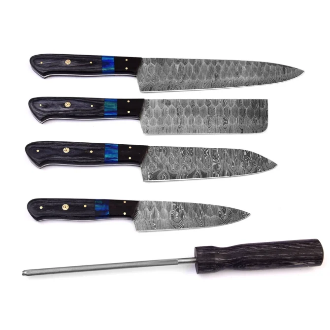5-Piece Handmade Damascus Steel Chef Knife Set with Leather Roll Bag